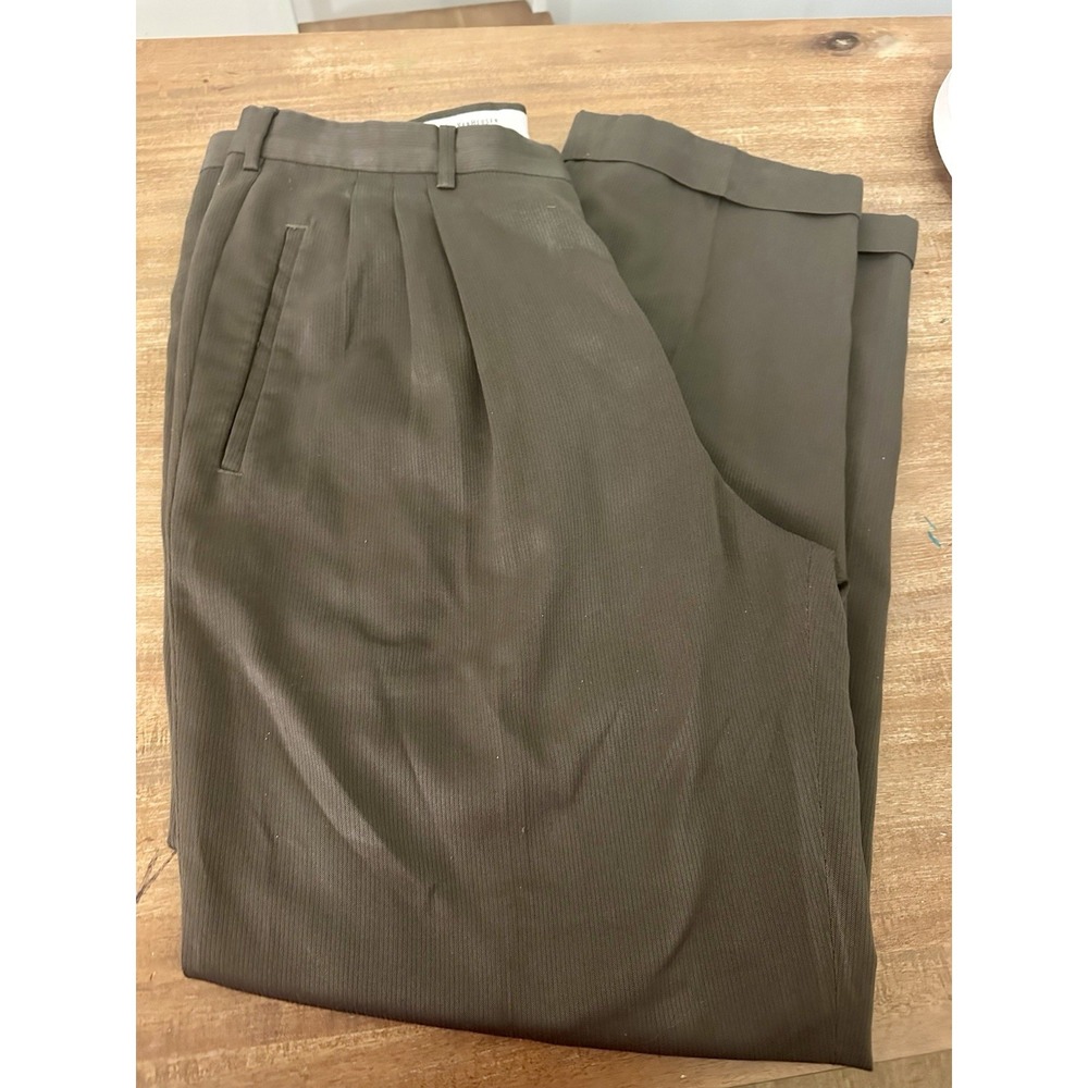 Vintage Van Heusen Dress Pants Pleated Army Green Pinstripes Business Office